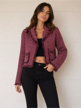 NIC+ZOE Pink and Black Fringe Tweed Cropped Jacket